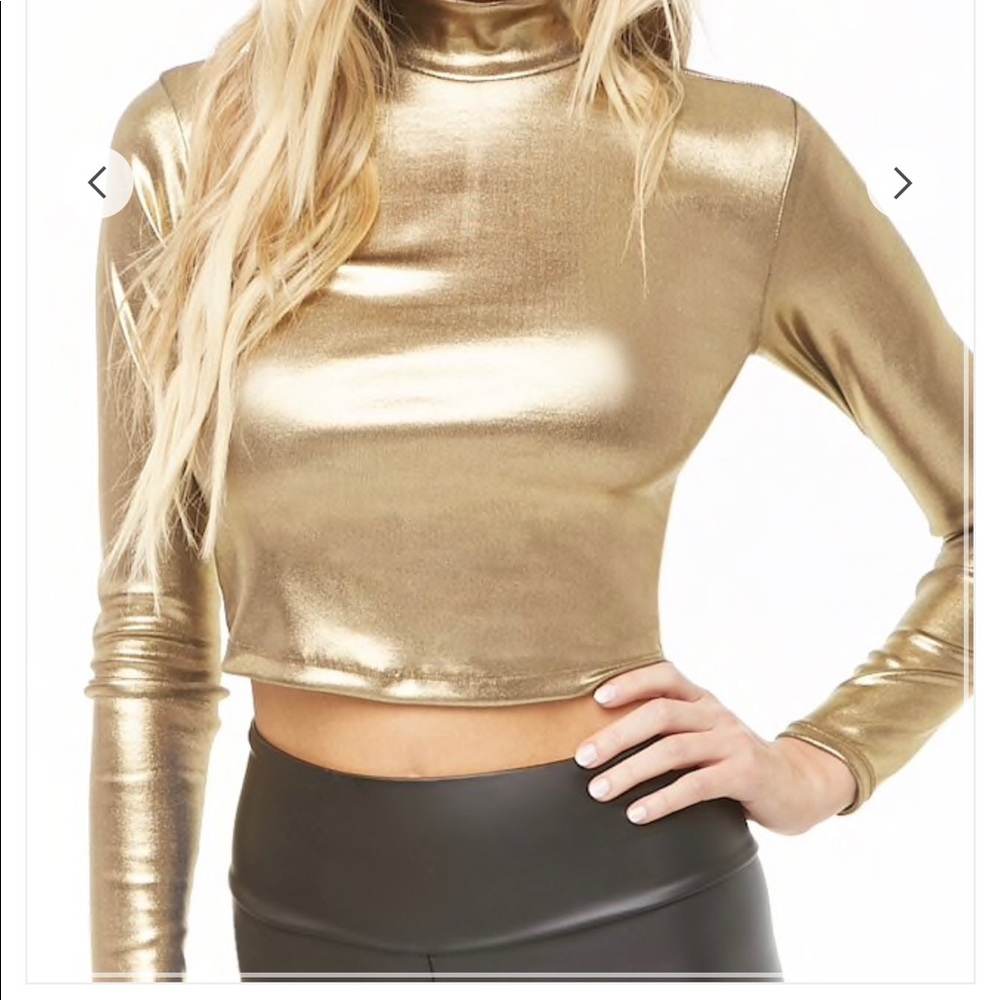 New Gold Metallic Mock Neck Crop Top